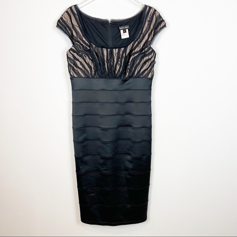Tadashi Shoji Black MIDI Dress with Nude / Tan Embellished Top.  Size 12